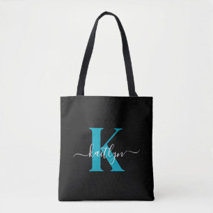 Modern Black Teal Script Monogram Tote Bag