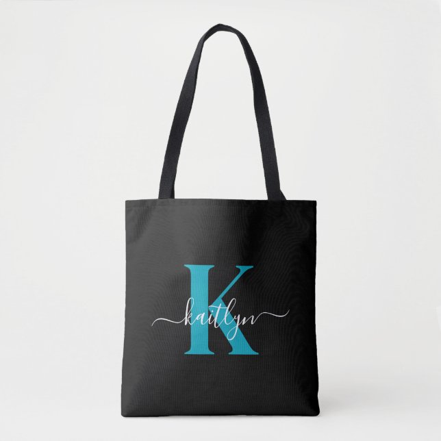Modern Black Teal Script Monogram Tote Bag (Front)