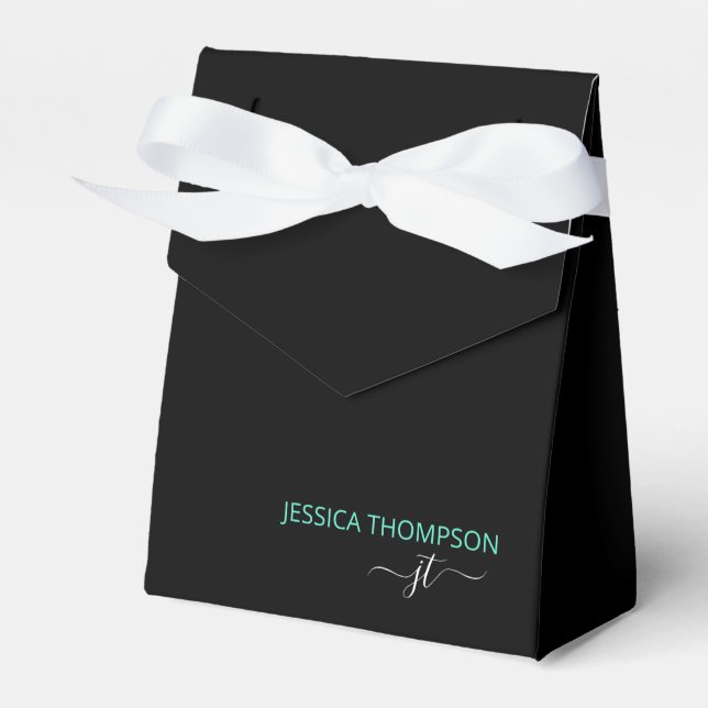 Modern Black Teal Simple Business Monogram Name Favor Boxes (Front Side)