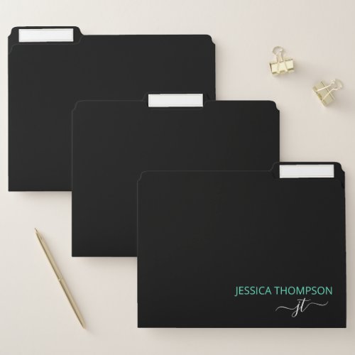 Modern Black Teal Simple Business Monogram Name File Folder