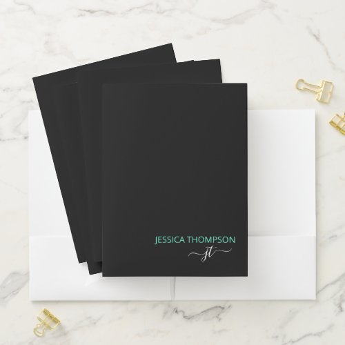 Modern Black Teal Simple Business Monogram Name Pocket Folder