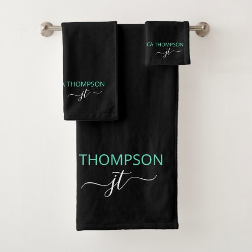 Modern Black Teal Simple Script Monogram Name Bath Towel Set