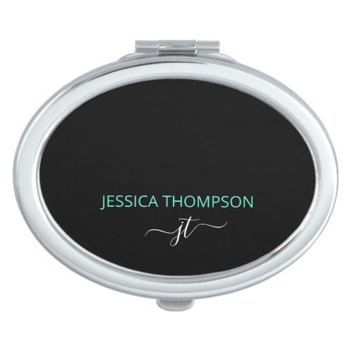 Modern Black Teal Simple Script Monogram Name  Compact Mirror