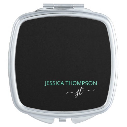 Modern Black Teal Simple Script Monogram Name  Compact Mirror