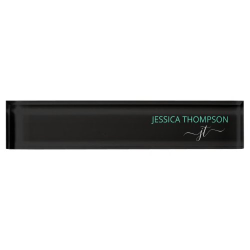 Modern Black Teal Simple Script Monogram Name Desk Name Plate