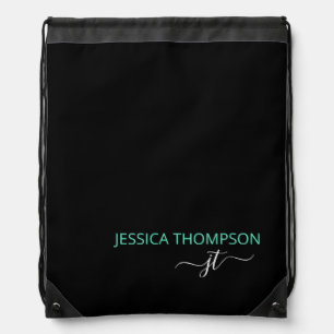Modern Black Teal Simple Script Monogram Name Drawstring Bag