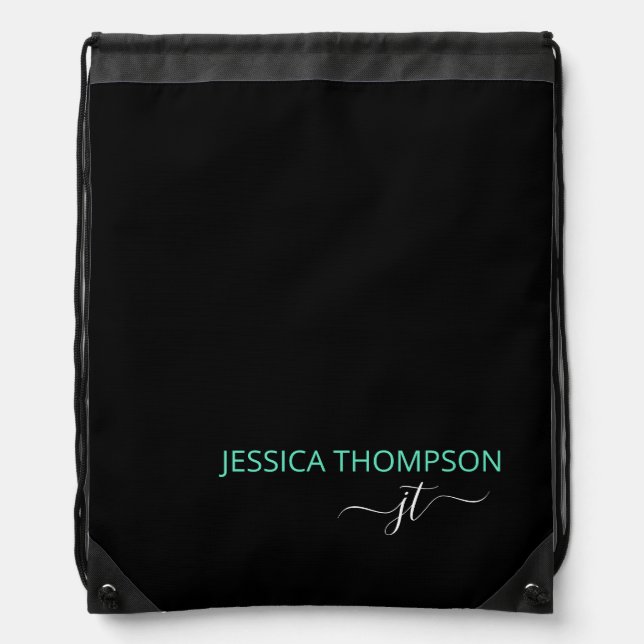 Modern Black Teal Simple Script Monogram Name Drawstring Bag (Front)