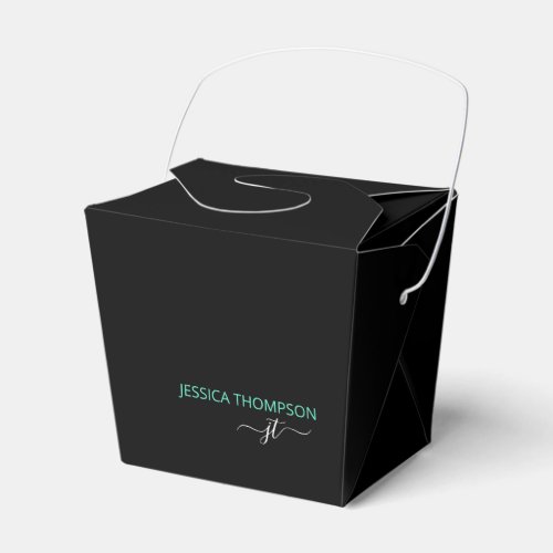 Modern Black Teal Simple Script Monogram Name Favor Boxes