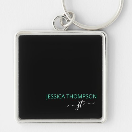 Modern Black Teal Simple Script Monogram Name Keychain