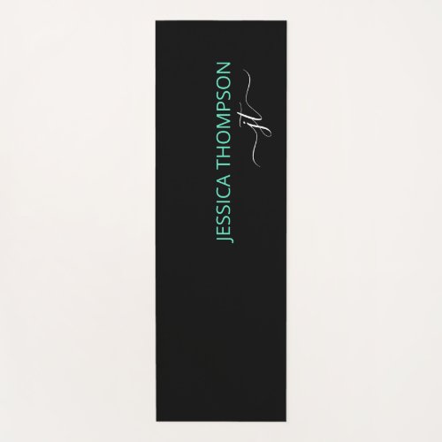 Modern Black Teal Simple Script Monogram Name Yoga Mat