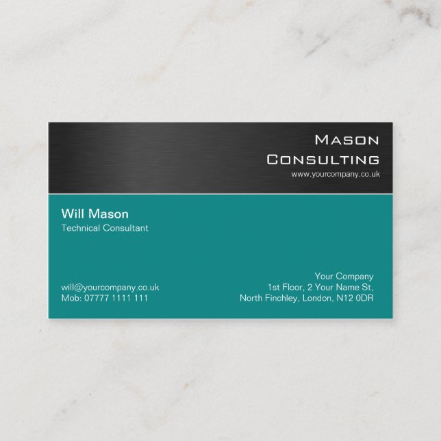 Modern Black Teal Steel Professional Business Card (Front)