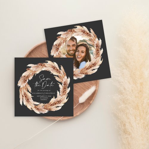 Modern black terracotta pampas grass wedding photo invitation