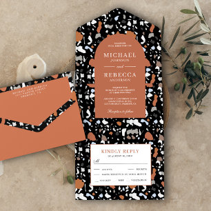 Modern Black Terrazzo Tile Terracotta Wedding All In One Invitation