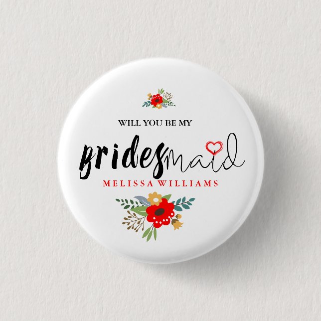 Modern Black Text Design Bridesmaid Red Heart Button (Front)