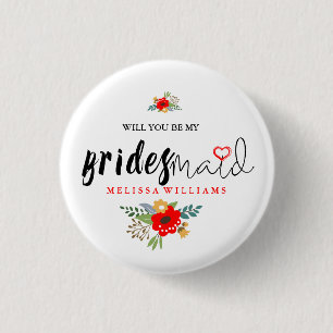 Modern Black Text Design Bridesmaid Red Heart Button