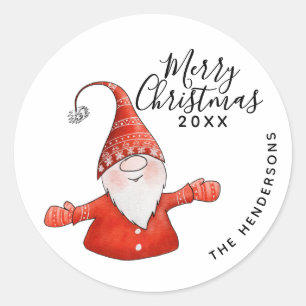 Modern Black Text Red White Gnome Merry Christmas Classic Round Sticker