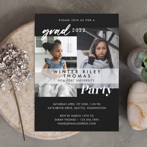 Modern Black Then  Now Two Photo Graduation Party Invitation