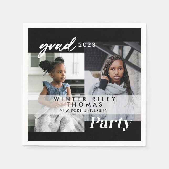 Modern Black Then & Now Two Photo Graduation Party Napkins (Front)