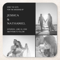 Modern Black Three Photo Collage Save the Date