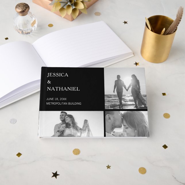 Modern Black Three Photo Collage Wedding Guest Book (Front Open)