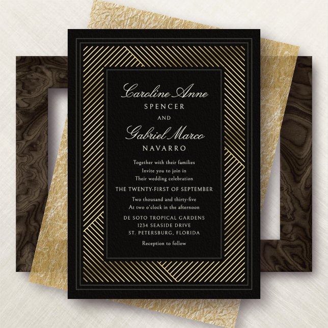 Modern Black Tie Deco Wedding Foil Invitation (Creator Uploaded)