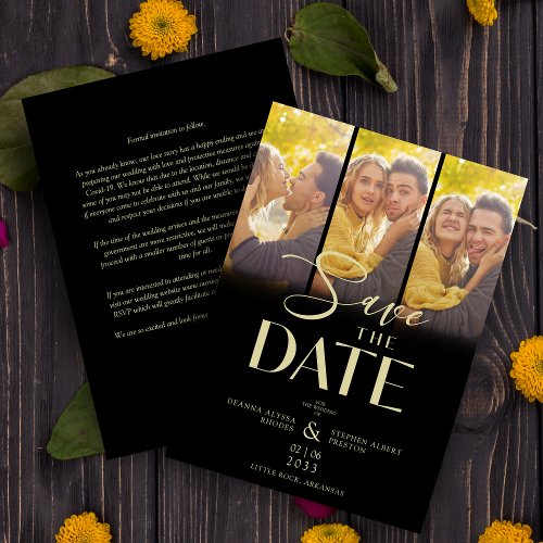 Modern Black Trendy Collage Wedding 3 Photos Save The Date