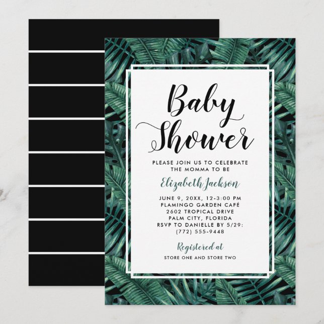Modern Black Tropical Palm Leaf Baby Shower Invitation (Front/Back)