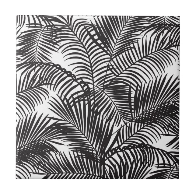 Modern black tropical palm trees pattern ceramic tile (Front)