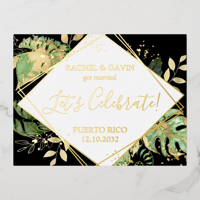 Modern Black Tropical Wedding Elopement Reception Foil Invitation Postcard (Front)