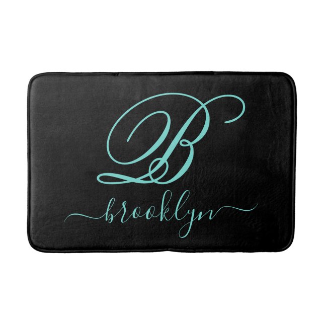 Modern Black Turquoise Handwritten Monogrammed Bath Mat (Front)