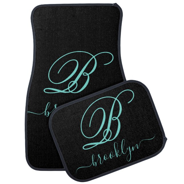 Modern Black Turquoise Handwritten Monogrammed Car Floor Mat (Set)