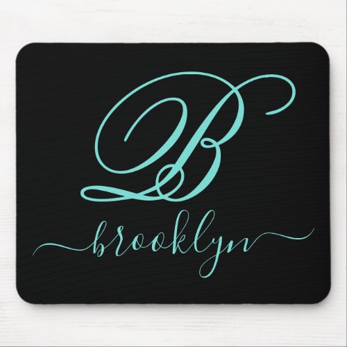 Modern Black Turquoise Handwritten Monogrammed Mouse Pad