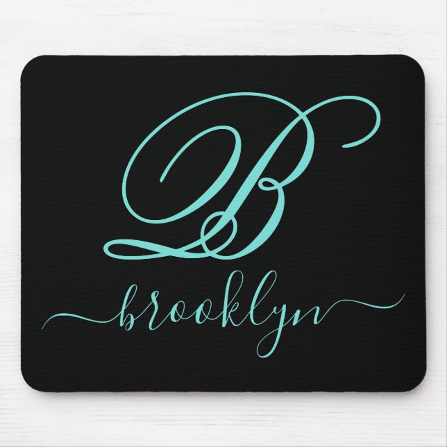Modern Black Turquoise Handwritten Monogrammed Mouse Pad (Front)
