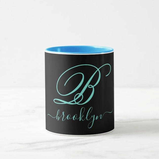 Modern Black Turquoise Handwritten Monogrammed Mug (Center)