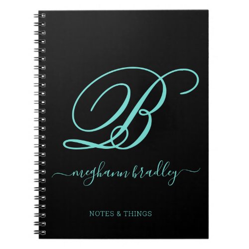 Modern Black Turquoise Handwritten Monogrammed Notebook