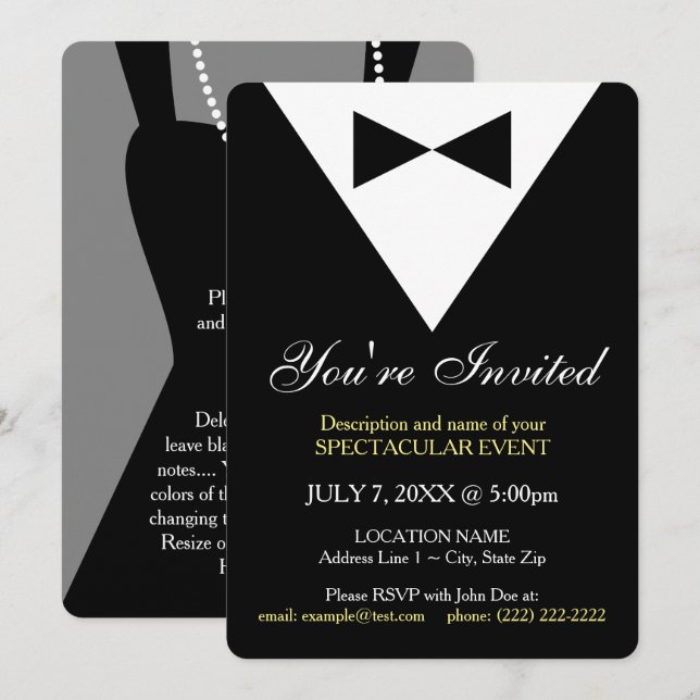 Modern Black Tux Formal Invitation, Minimal Design Invitation (Front/Back)