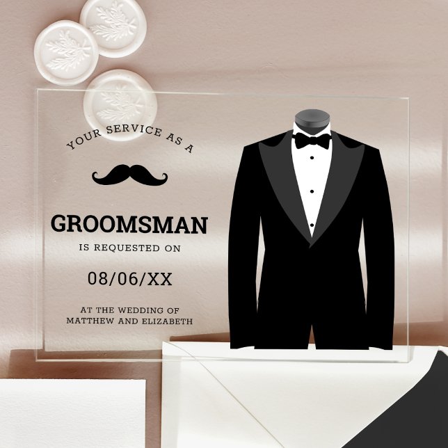 Modern Black Tuxedo Groomsman Request Acrylic Invitations (Creator Uploaded)