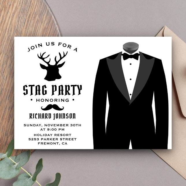 Modern Black Tuxedo Stag Bachelor Party Invitation (Creator Uploaded)