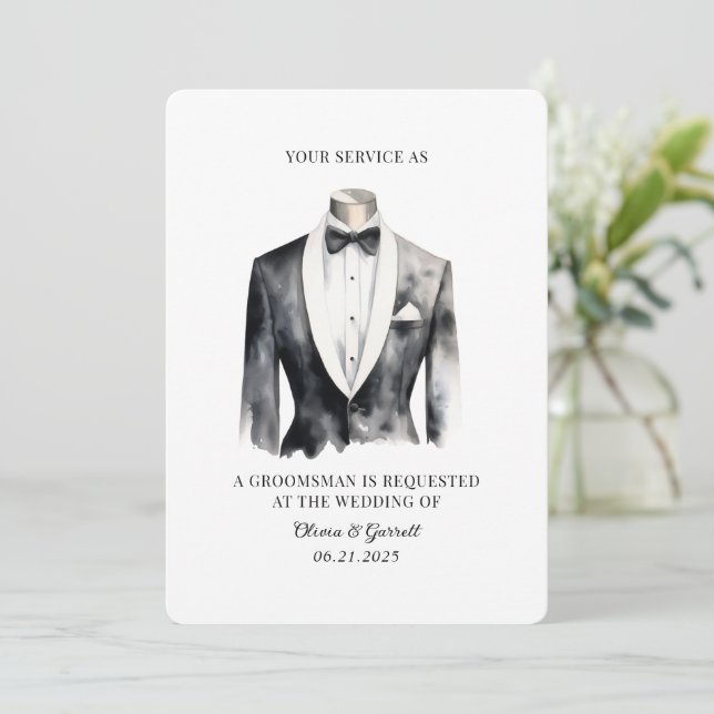 Modern Black Tuxedo Watercolor Groomsman Card (Standing Front)