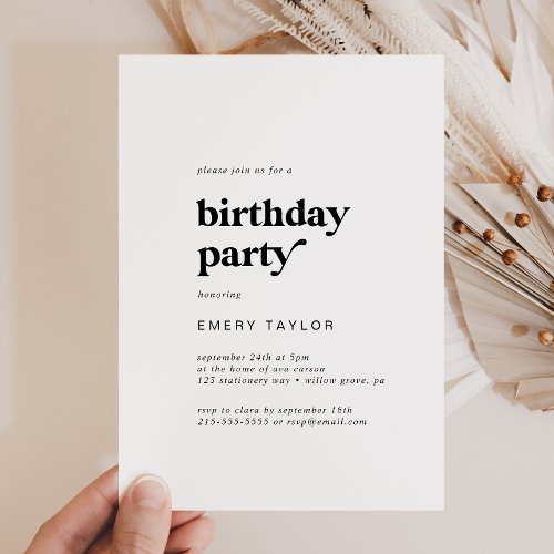 Modern Black Typography Birthday Party Invitation