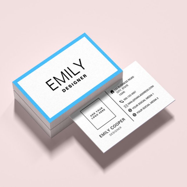 Modern Black Typography | Blue Border Business Card (Creator Uploaded)