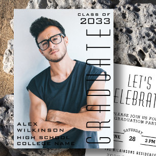 Modern Black Typography Chic Guy Photo Graduation Invitation
