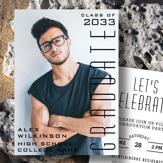 Modern Black Typography Chic Guy Photo Graduation Invitation (Creator Uploaded)