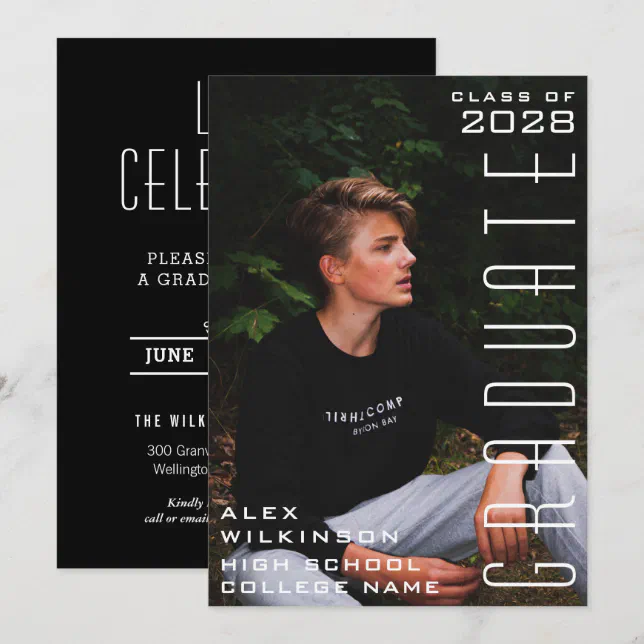 Modern Black Typography Chic Photo Graduation Invitation | Zazzle
