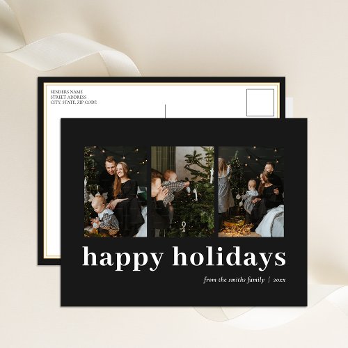 Modern Black Typography Happy Holidays 3 Photo  Holiday Postcard