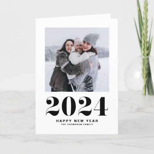 Modern Black Typography Happy New Year 2024 Photo  Holiday Card