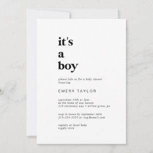 Modern Black Typography It's A Boy Baby Shower Invitation