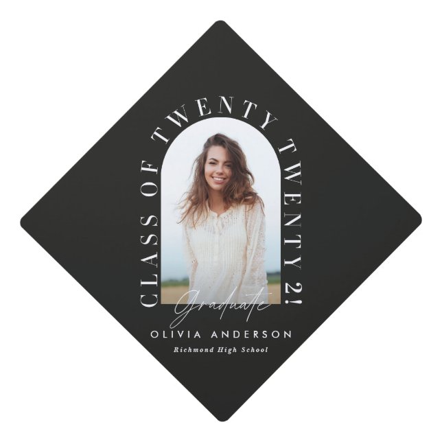 Modern black typography photo arch graduation  cap topper (Front)