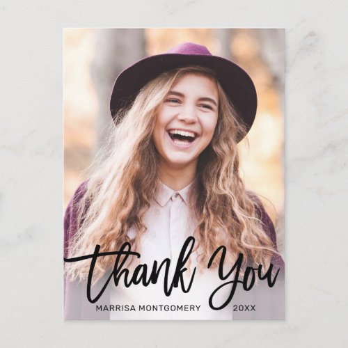 Modern Black Typography Photo Graduation Thank You Postcard