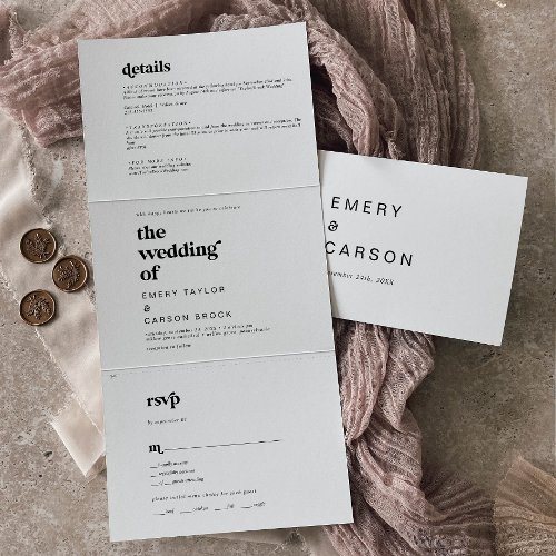 Modern Black Typography Photo Wedding All In One Tri_Fold Invitation